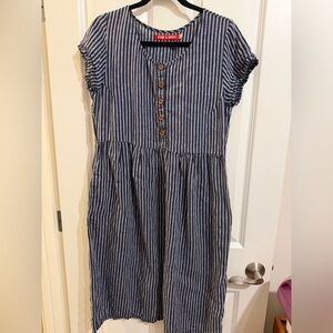 Pyne & Smith 100 % linen striped short sleeve dress.